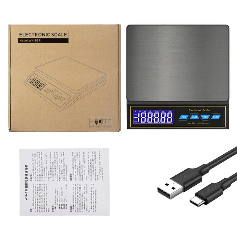30kg Digital Kitchen Scale – 1g Precision & USB-C Rechargeable