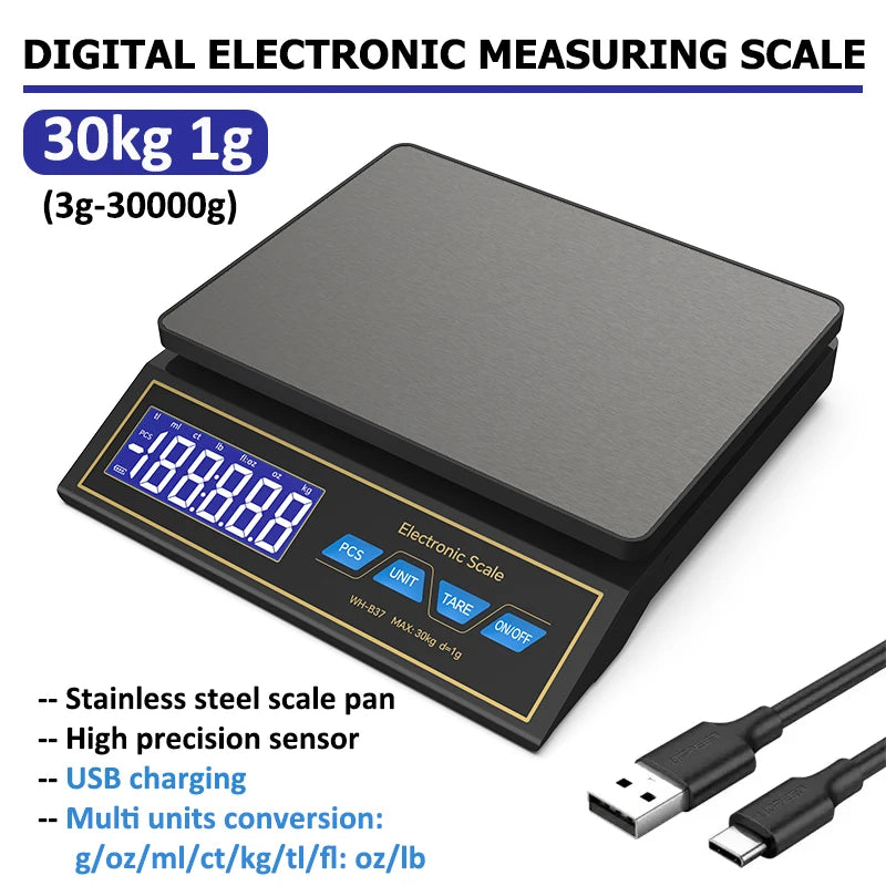 30kg Digital Kitchen Scale – 1g Precision & USB-C Rechargeable