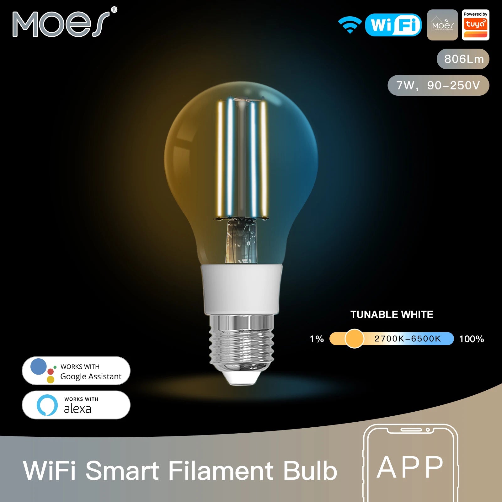 MOES E27 WiFi Smart LED Bulb – Dimmable Warm to Cool White